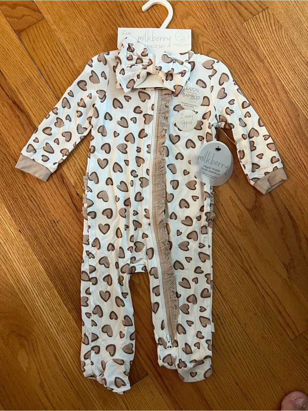 Milkberry Cream Baby Footie Set with Brown Heart Print and Bow